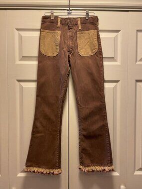 Vintage 70s Ely Jeans Fringed Bootcut Brown with Beige Patch Pockets 27" x 27"